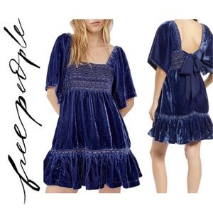 Free People Easy To Love Mini Dress Blue Velvet Embroidered Smocked Size SM